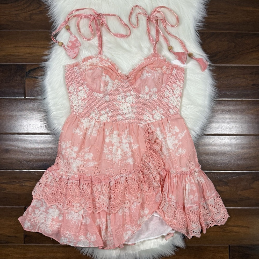 NEW LoveShackFancy Size Large Pink Olani Smocked Ruffled Eyelet Mini Dress